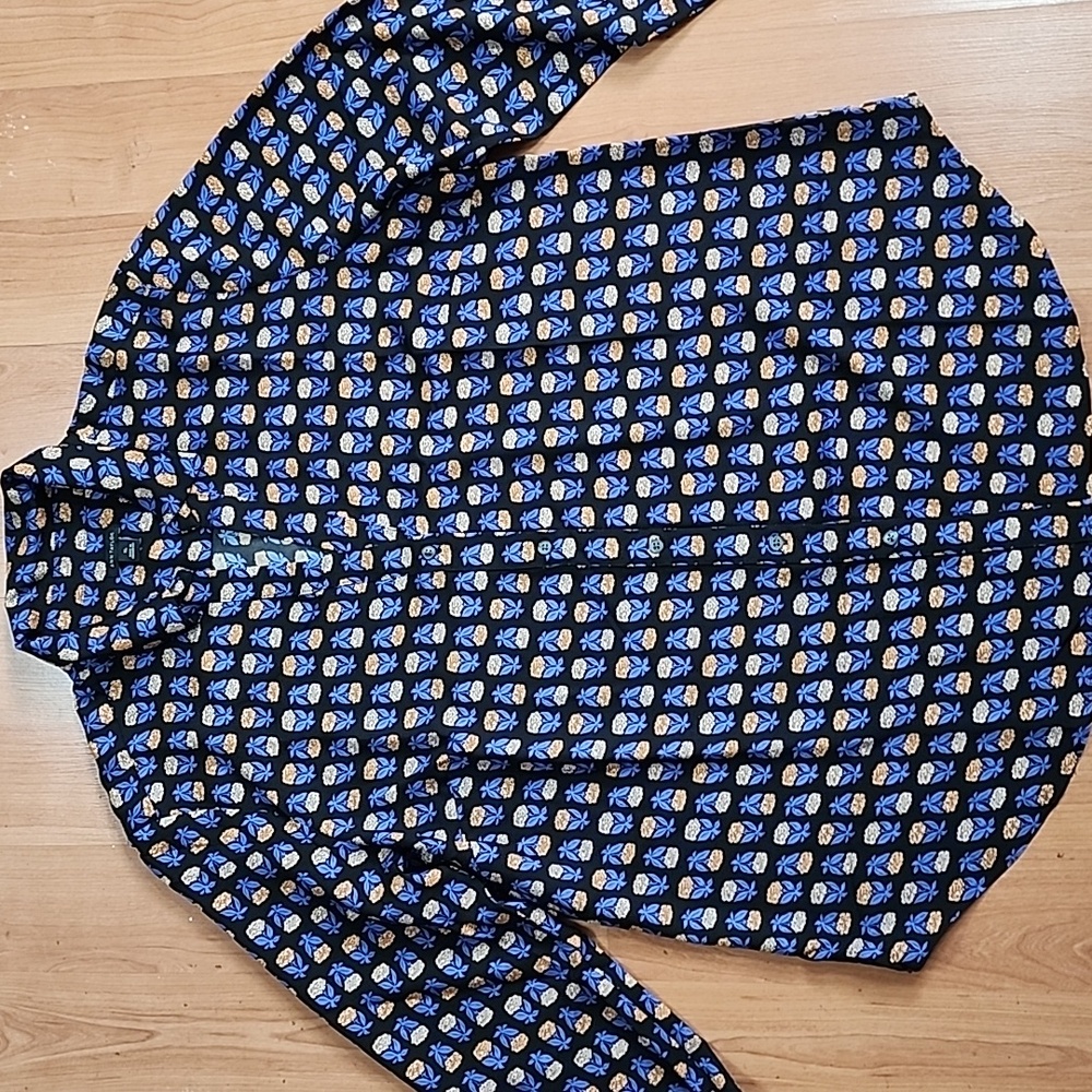 Ann Taylor Black Button-Up Blouse with Blue and Cream Floral Print